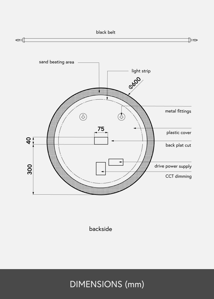 KAILA Speil Svart LED 60 cm Ø