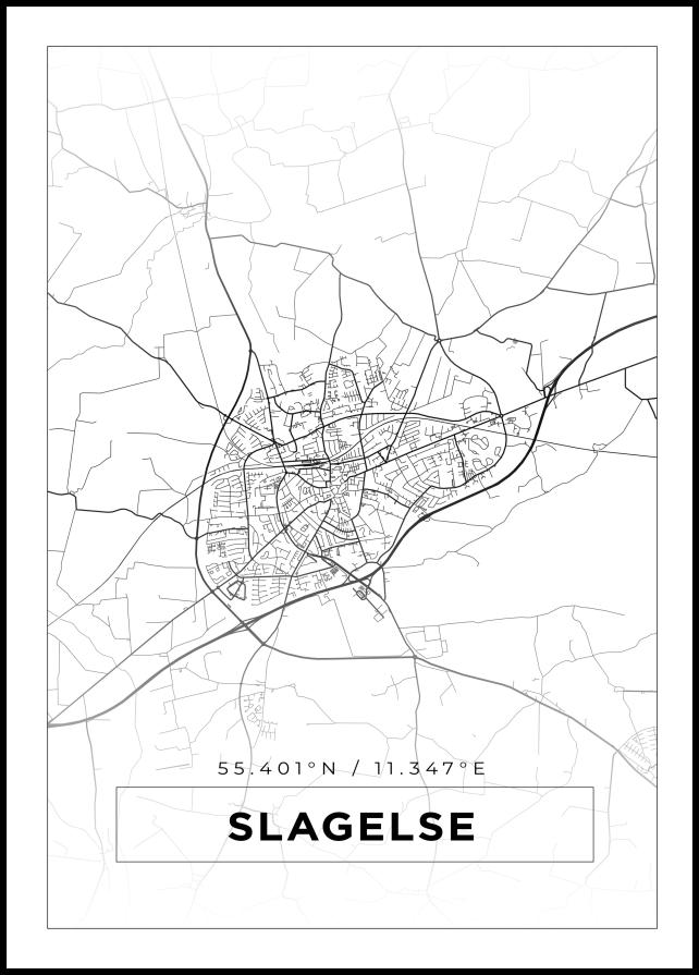 Kart - Slagelse - Hvit Plakat