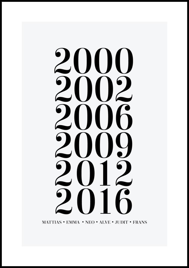 Familiebilde - 6 Fødselsår & Navn - Grå