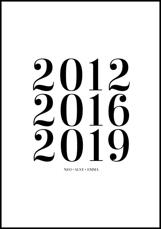 Familiebilde - 3 Fødselsår & Navn - Hvit