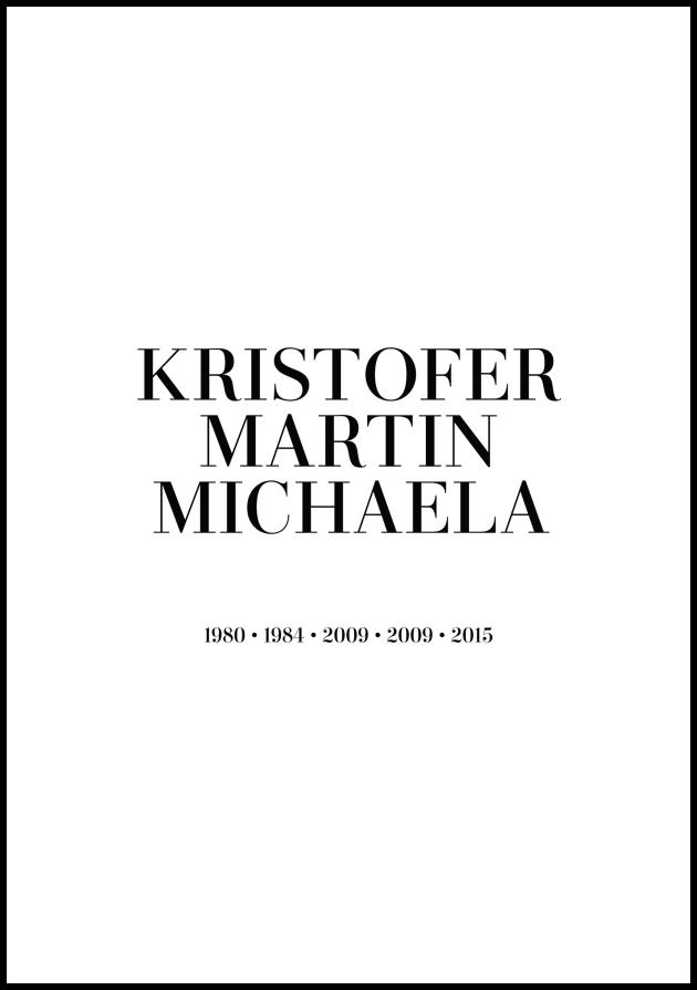 Familiebilde - 3 Navn & Fødselsår - Hvit