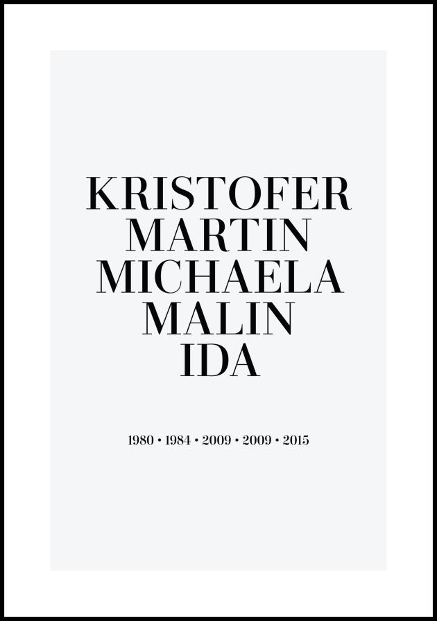 Familiebilde - 5 Navn & Fødselsår - Grå