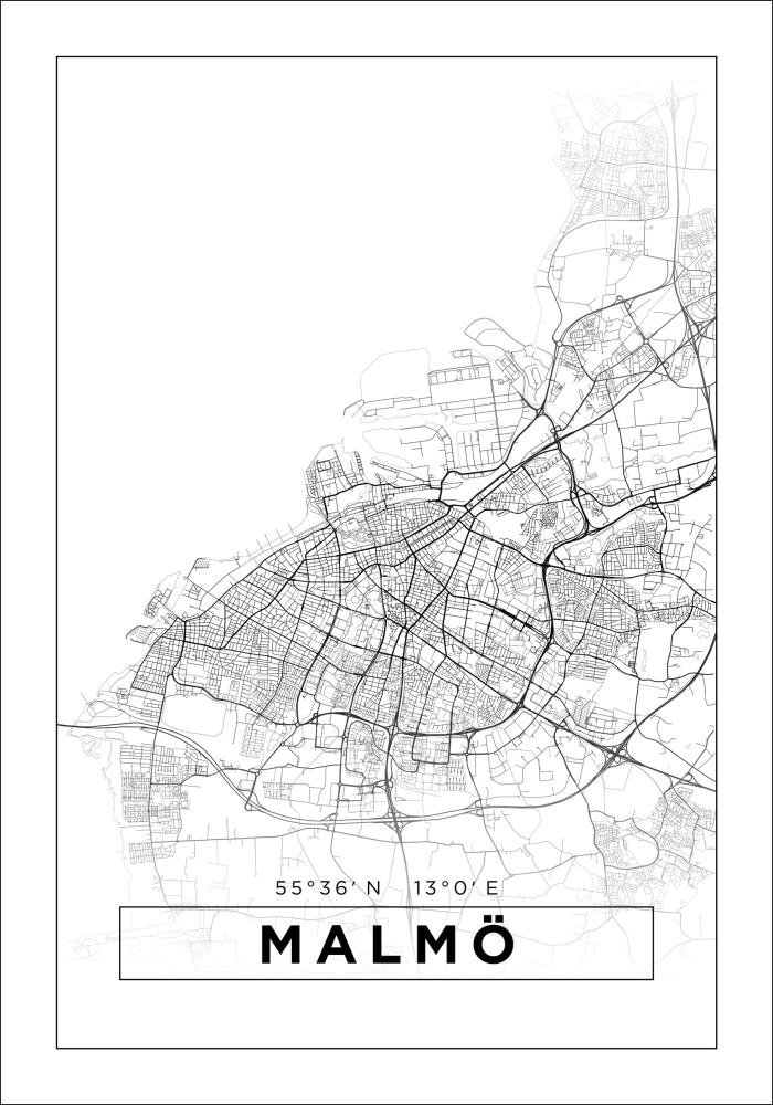 Kart - Malmö - Poster - Hvit Plakat