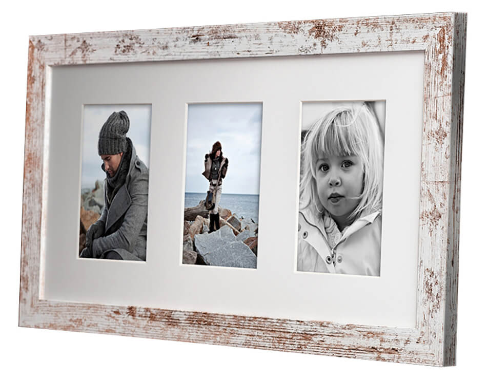 Collageramme i rustikk stil med tre bilder av en familie utendørs