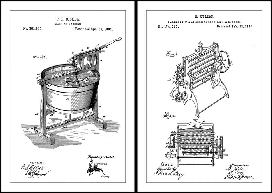 Posters med patenttegninger av vaskemaskiner