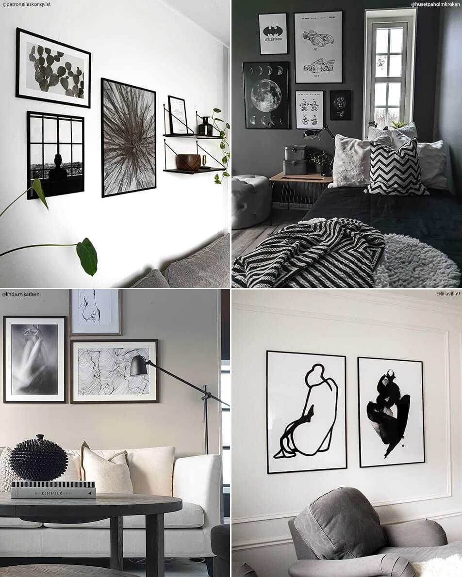 Bilder i stuen og på soverommet med bildevegger og svart-hvitt-postere